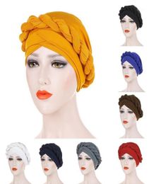 2021 Fashion Pure Colour Braid Muslim Women Turban Hat Chemo Cap Headwrap Headwear Material Milk Silk15114301
