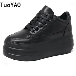 Casual Shoes Genuine Leather Platform 8CM Wedge Chunky Sneakers Leisure Women Winter Femals Vulcanize Spring Walking Flats Black