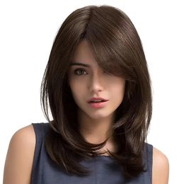 18 Inch Natural Brown With Bangs Layered Wigs Fashion Natural Mid Length Version Synthesis Womens Wigs Full Head Cover 240407