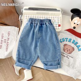 Trousers 2023 Korea Spring New Girls Denim Pants Solid Children Casual Cute Pocket Boys Jean Trousers Loose Baby Blue