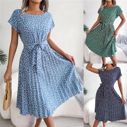 Casual Dresses Fashion Floral High Waist Pleated Skirt Short Sleeve