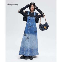 Oc950m50 Spring/Summer Women's Dress Denim Personalised Graffiti Strap Long Skirt Looks Slimmer Street Style