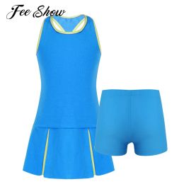 Shorts 2Pcs Kids Girls Summer Sport Running Gym Tennis Badminton Suit Sleeveless Open Upper Back Sport Dress and Shorts Sets Sportswear