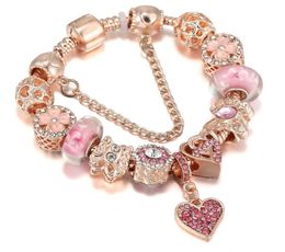 Top Quality Rose Gold Pink Silver Charm Beads Cherry Red Heart Crystal Butterfly Flower Fits European Charms Bracelets Safety Chain Jewellery DIY Women9938816