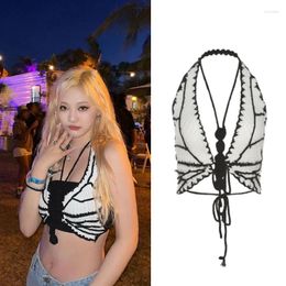 Women's Tanks Kpop NingNing Women Nightclub Stage Dancer Lace-up Tops Festival Outfit Rave Wear Lady Korean Sexy Hollow Backless Halter Vest
