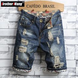 Mens Hole Denim Shorts Summer Fashion Casual Slim Fit Ripped Retro Short Jeans Male Brand 240410