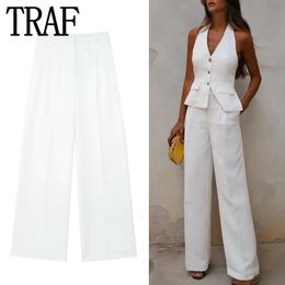 TRAF White Wide Leg Pants Women Office Wear Chic And Elegant Woman Pants High Waist Baggy Pants Woman Streetwear Trousers 240412