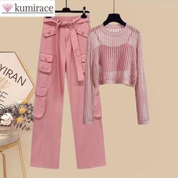 Women's Two Piece Pants Spring Oversized Set For 2024 Pink Knitted Top Camisole Workwear Wide Leg Three Clothes Women