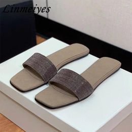 Slippers S Flat Woman Cow Suede One Strap Mules Shoes Summer Chain String Bead Slides Casual Comfort For Women