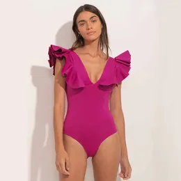 Women's Swimwear V-Neck Solid Ruffle One-Piece Swimsuit With Skirt And Cover-Up Holiday Beach Dress Designer Bathing Suit Summer Surf Wear