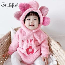 Animals ins 2022 baby girls winter clothes newborn jumpsuit baby girl flower embroidered plush ball long sleeve climbing clothes