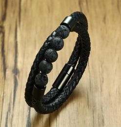 Black Braided Microfiber Leather Charm Bracelet Natural Lava Stone Beaded Bracelet Men Health Magnet Buckle Jewelry74412426557493