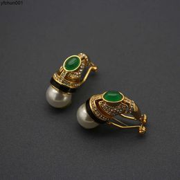 Portuguese Niche Designer Ear Pats Green Chalcedony Earrings Vintage Enamel Silver Needle Copper Plated 24k