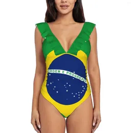 Women's Swimwear Flag Of Brazil Women Ruffle One Piece Swimsuit Sexy Bodysuit Monokini Bathing Suit Brasil