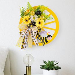 Decorative Flowers Artificial Spring Wreath With Bowknot Front Door Sunflowers Wheel For Garden Wedding Decorations