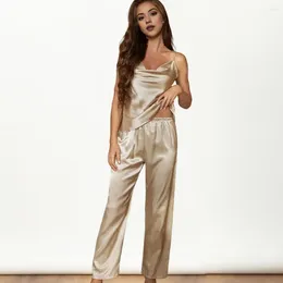 Home Clothing Homewear Vest Pants Set Women's Summer Pyjama With Ice Silk V Neck Top Elastic Waist Breathable Loungewear For Lady