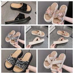 Top Thick soled cross strap cool slippers womens black white Exquisite sequin sponge cake sole one line trendy slippers