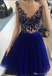 2019 Cheap Short Royal Blue Cap Sleeves Cocktail Dress Fashion Knee Length Holiday Club Wear Homecoming Party Dress Plus Size Cust8413944