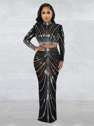 Work Dresses IDress Elegang Mesh See Though Diamonds Rhinestones Maxi Long Midi Skirts Sets For Women Sexy Party Two 2 Piece Set Outfits