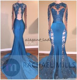 Hunter Jade Lace Sheer Prom Dresses Keyhole Neck Mermaid Long Sleeves See Through Formal Evening Gowns Backless Sequin Party Dress3935672
