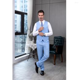 Men's Suits Arrivals Men Suit Linen Light Blue Wedding Groom Design 2 Pieces Vest Pants Single Breasted Trend Custom Size Tuxedo