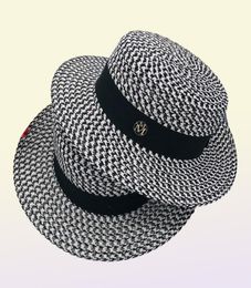 Highgrade Summer Black White Plaid Wide Brim Flat Top Boater Hat Spring Women Grass Braid Sun Hat Party Wedding Formal Cap1112736