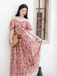 Party Dresses Summer Romantic Lady Print Chiffon Dress Vintage French Style Ruffles Puff Sleeve Straps Beach Robe Plage Strandjurk