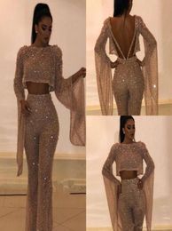 Yousef aljasmi Jumpsuit Prom Dresses Two Pieces Long Sleeves Sequined Formal Evening Gowns Backless African Party Gowns Plus Size1779906