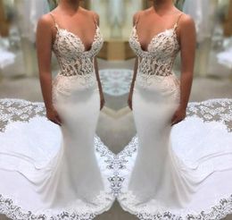 Elegant Spaghetti Straps Lace Mermaid Wedding Dresses Illusion Satin Tulle Applique Court Train Wedding Bridal Gowns BA99415034525