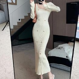 Casual Dresses Korean Skinny High Waist Knit Bottoming Autumn/Winter Women's Retro Square Neck Long Sleeved Button Underlay Maxi Dress