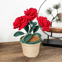 Decorative Flowers Handmade Crochet Flower Finished Handwoven Chinese Rose Hand Knitted Immortal Potted Plant Desktop Decoration G6KA