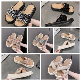 Thick soled cross strap cool slippers womens black white Exquisite sequin sponge cake sole one line trendy slippers