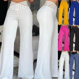 Women Elegant White Flared Pants Casual High Waist Wide Leg Trousers Crisscross Sheer Mesh Patch Pant Solid Chic Female Clothes 240412