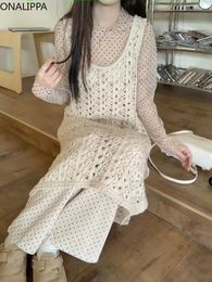 Casual Dresses Onalippa Hollow Out Knit For Women U Neck Thick Needle Sleeveless Straight Loose Dress Solid Vestidos