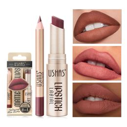2 In 1 Lipstick Set Lip Liner Make-up for Women Waterproof Long Lasting Cosmetics Nude Brown Contour Tinted Lip Balm Kit