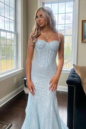 Party Dresses Blue Prom Beaded Sequined Sparkly Mermaid Long Strapless Sweetheart Spaghetti Strap Evening Gowns Graduation