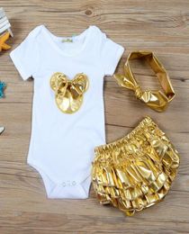 2018 Baby Girl Clothes 3pcs Clothing Sets Cotton Baby Rompers Golden Bloomers Shorts Headband Newborn Clothes Baby Outfits Toddler2048060