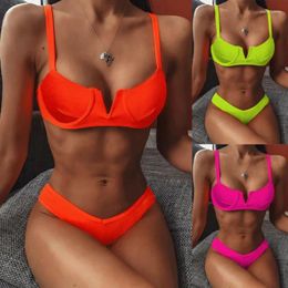 Women's Swimwear Summer V Cut Bikini Set Push-up Padded Bra Swimsuit Beachwear Sexy Bather Neon Orange High Leg