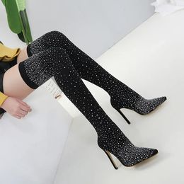 Shoes 937 Woman Boots Knee Summer Rhinestone Pointed Toe Sexy Heels Plus Size 43 Thigh High Sock Botas De Mujer 240407 432 2