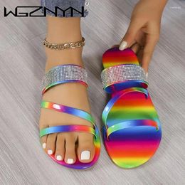 Slippers Sexy Women Summer Flat Rhinestone Shoe Open Toe Roman Beach Sandal Ladies Flip Flops Black Non-slip Slides Size 36-43