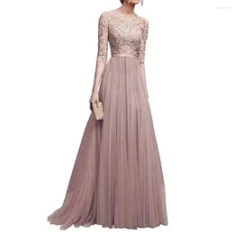 Casual Dresses Women Prom Party Dress Round Neck Lace Flower Half Sleeve Tight Waist Floor Length Pleated Lady Maxi Evening