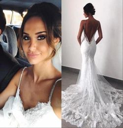 Sexy New Backless Lace Mermaid Wedding Dresses 2023 Spaghetti Straps Mermaid Layers Appliqued Boho Bridal Gowns BC0129 GB11276595497