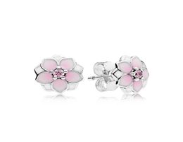 Pink magnolia Stud Earrings Original Box for 925 Sterling Silver Women Girls flowers Earrings retail Box sets8744668