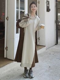 Casual Dresses LANMREM Color Block Spliced Long Dress Women Hooded Loose Patchwork Pockets A-line Fashion Spring 24908
