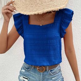 Women's Blouses Square Neck Top Blouse Stylish Collar Flying Sleeve Loose Fit Pleated Pullover For Summer
