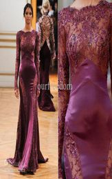 2019 New Sexy Zuhair Murad Evening Dresses Burgundy Bateau Beads Long Sleeve Mermaid Floor Length See Through Lace Pageant Prom Pa9829478