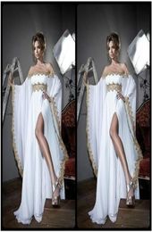 Arabic Style Long Sleeves Gold Lace and White Appliques Chiffon Abaya Kaftan Evening Prom Dresses With High Split Slit Party Dress4092323