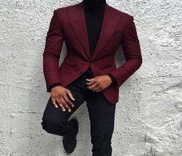 New Fashion Peak Lapel 2 Buttons Burgundy Mens Suits Two Pieces Wedding Suit Groom Tuxedos Prom Evening Suit Men Blazer JacketPa1093075