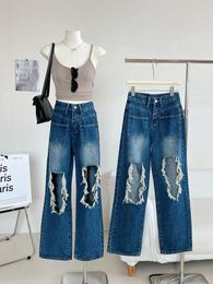 Women's Jeans Ripped Hole Loose Pockets Girl Summer High Street All-match Straight Trousers Simple Baggy Casual Ankle Length Pants