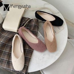 Casual Shoes 4-colors Fleeces Flats Women V-open Square Toe Loafers Concise Slip On Shallow Moccasins Ins Comfy Furry Ballerina